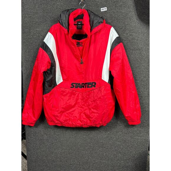 Starter Jacket Mens Medium Red Black White Hooded Pullover Anorak Colorblock - Picture 1 of 9